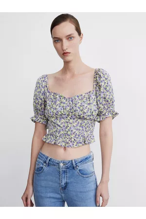Urban Revivo Floral Print Sweetheart Neck Puff Sleeve Ruffles Blouson Crop Top