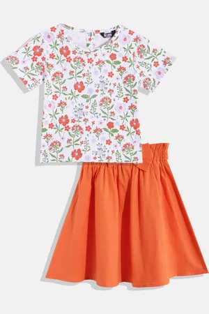 HERE&NOW Girls Printed Pure Cotton Top With Skirt