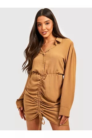 Boohoo Ruched Solid Shirt Mini Dress