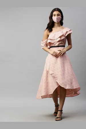 Ethnovog Women Peach-Coloured Black Made to Measure Printed Wrap Dress