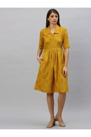 Ethnovog Women Mustard Floral Printed Made to Measure Fit and Flare Dress