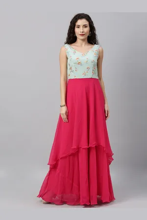Ethnovog Women Pink Blue Embroidered Layered Maxi Made To Measure Dress