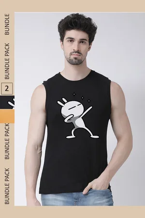 Friskers Pack Of 2 Printed Sleeveless Slim Fit Pure Cotton Sports T-shirt
