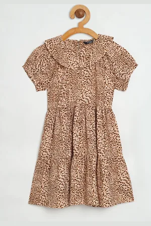HERE&NOW Girls Brown Animal Printed Puff Sleeve Fit & Flare Dress
