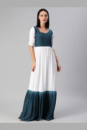 Ethnovog Women Teal Blue White Colourblocked Made to Measure Maxi Dress