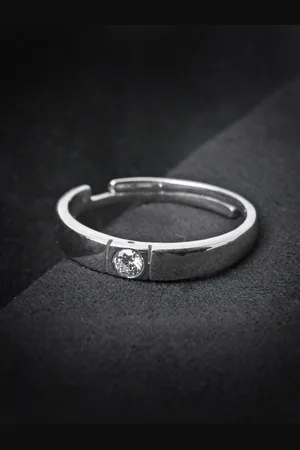 CLARA Men 925 Sterling Silver Rhodium-Plated CZ-Studded Adjustable Finger Ring