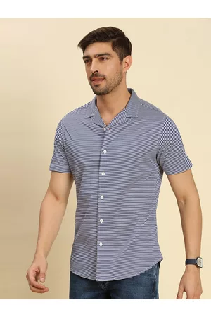 Moda Rapido Classic Horizontal Striped Cuban Collar Cotton Shirt
