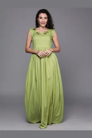 Ethnovog Women Green Solid Made To Measure Maxi Dress with Ruffles
