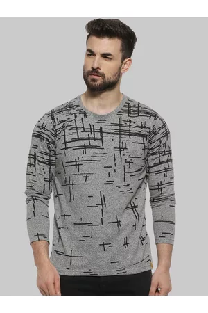 Campus Grey Abstract Printed Round Neck Long Sleeves Casual Cotton T-shirt