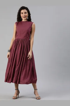 Ethnovog Women Burgundy Solid Made to Measure A-Line Dress with Gather Details