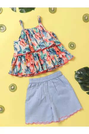 Nauti Nati Girls Blue & Coral Orange Printed Top & Solid Shorts