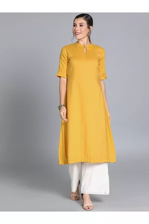 Ethnovog Women Mustard Yellow Solid Made To Measure A-Line Kurta