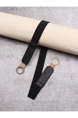 Berrylush Women Black & Gold-Toned PU Slim Belt With Interlock