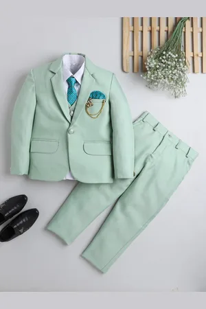 DKGF FASHION Boys Green Regular Fit Single Breasted 5 Piece Suit
