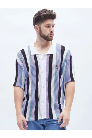 FUGAZEE White & Black Relaxed Boxy Semi Sheer Striped Knitted Crochet Shirt