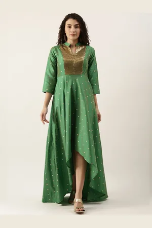 Ethnovog Women Green Golden Embellished High-low Maxi Dress