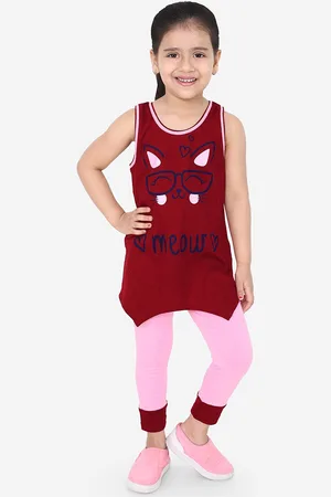 naughty ninos Girls Maroon & Pink Printed T-shirt with Leggings