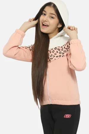 Natilene Girls White & Peach Geometric Printed Hooded Sweatshirt