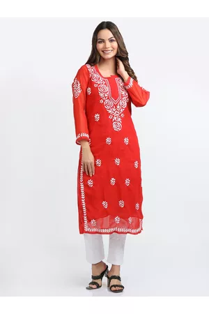 FAWOMENT Women Red Ethnic Motifs Embroidered Chikankari Georgette Kurta