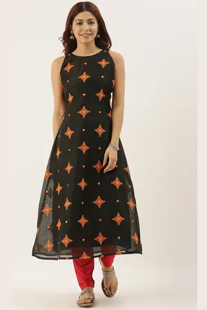 Ethnovog Women Black Red Embroidered Made To Measure Kurta with Churidar