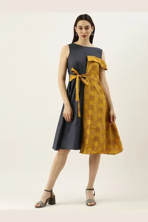 Ethnovog Women Grey Mustard Yellow Colourblocked Made to Measure A-Line Dress