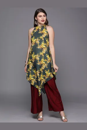 Ethnovog Women Grey Yellow Printed Made To Measure A-Line Kurta