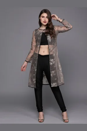 Ethnovog Women Black Grey Made to Measure Solid Top with Churidar