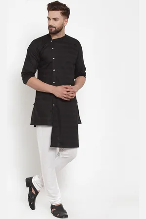 KLOTTHE Men Black Angrakha Pure Cotton Kurta with Pyjamas