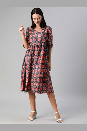 Ethnovog Women Blue Pink Printed Made to Measure A-Line Dress with Tie-Ups