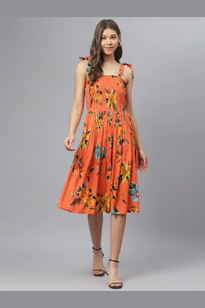 DEEBACO Women Orange & Blue Floral Printed Smocked Flared Dress