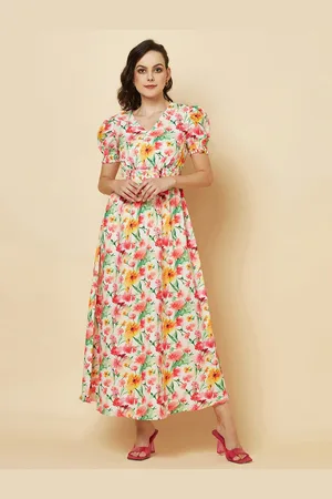 RAASSIO Floral Printed Puff Sleeves Fit & Flare Maxi Dress