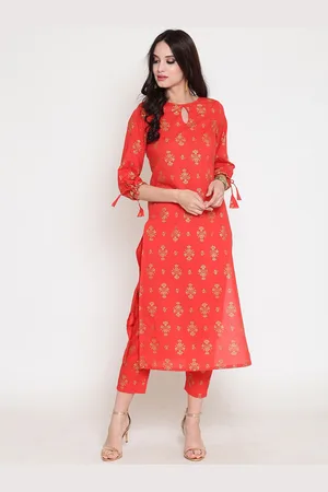 Sera Women Red & Gold-Toned Printed Straight Kurta