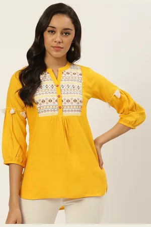 RANGMAYEE Women Mustard Yellow Embroidered Yoke High-Low Tunic