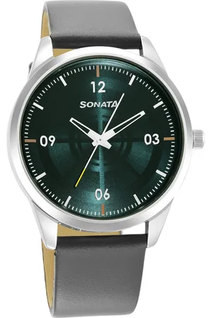 Sonata Men Blue Brass Dial & Grey Leather Straps Analogue Watch 7146SL03