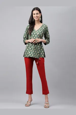 Janasya Ethnic Motifs Foil Printed Wrap Ethnic Top with Trousers