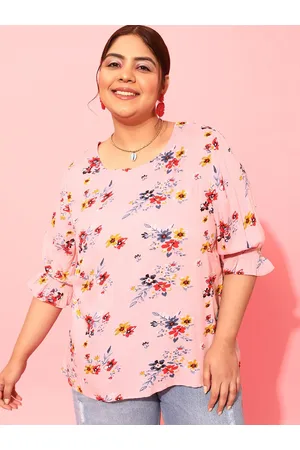 CURVY STREET Plus Size Floral Printed Round Neck Crepe Top