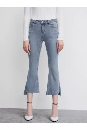 Urban Revivo Women Slit Hem Flared High-Rise Light Fade Stretchable Jeans
