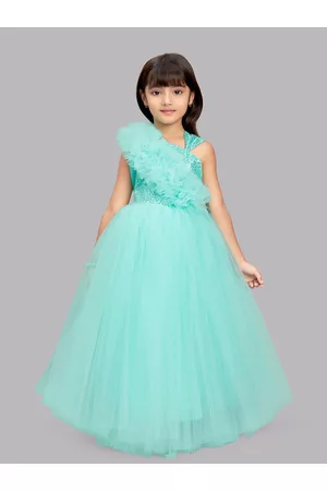 Pink Chick Girls Sea Green Embellished Net Maxi Fit & Flare Dress