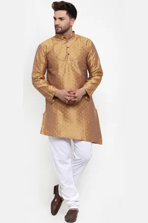 KLOTTHE Men Gold-Toned & Brown Woven Design A-Line Silk Kurta