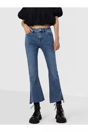 Urban Revivo Women Slit Hem Flared High-Rise Light Fade Stretchable Jeans