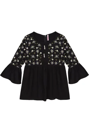 Ishin Black Floral Embroidered A-Line Top
