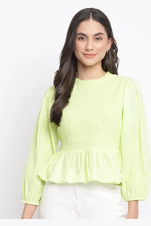 Fabindia Women Green Pure Cotton Solid Smocked Top
