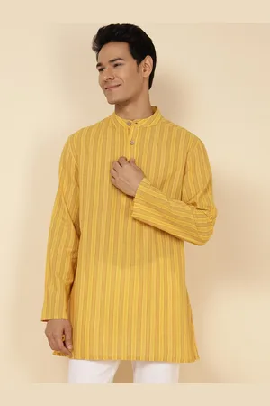 Fabindia Striped Band Collar Short Cotton Kurta