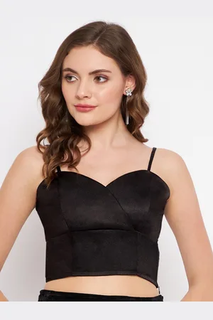 Martini Women Black Smocked Satin Shoulder Strap Crop Top