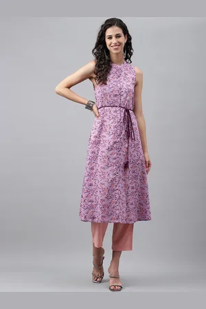 Janasya Lavender Floral Printed Pure Cotton A-Line Kurta