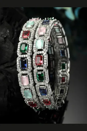 Zeneme Set Of 2 Rhodium-Plated American Diamond Studded Bangles