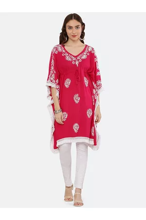 FAWOMENT Flared Sleeves Ethnic Motifs Chikankari Printed Kaftan Kurta