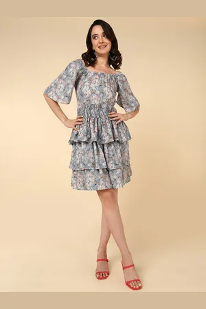 Mast & Harbour Grey Ethnic Motifs Print Bell Sleeve Fit & Flare Dress