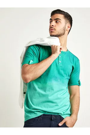 Campus Sea Green Tie & Dye Henley Neck Cotton T-shirt