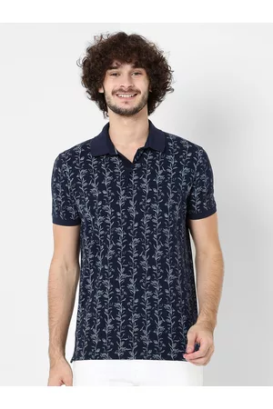 Mufti Men Navy Blue Floral Printed Polo Collar Pure Cotton Slim Fit T-shirt